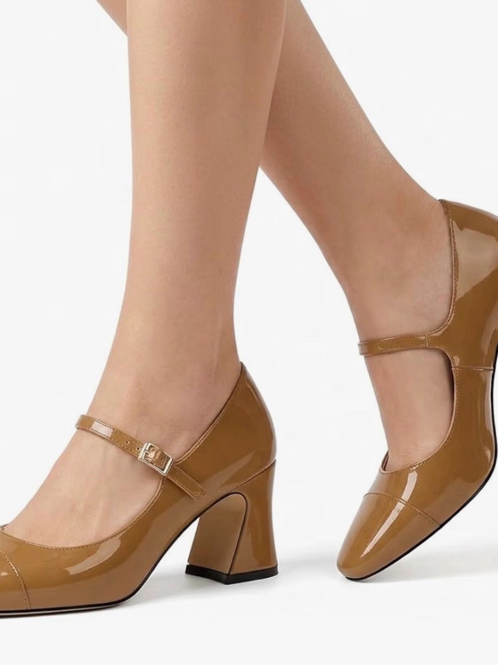 Patent Mary Jane Block Heel Pumps in Camel Brown